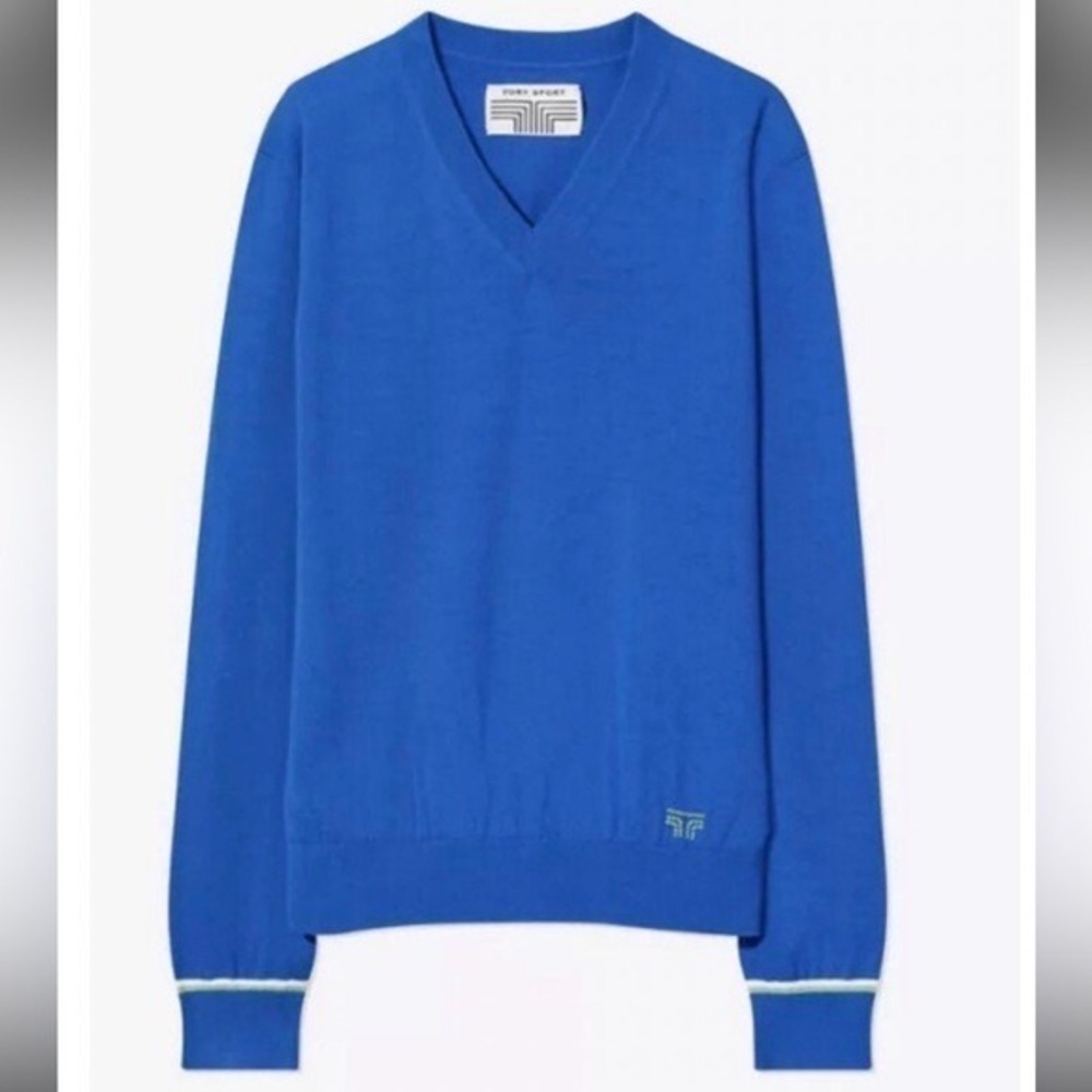 Tory Burch Sport, Women's Blue V-Neck Wool Blend Sweater, Size XS